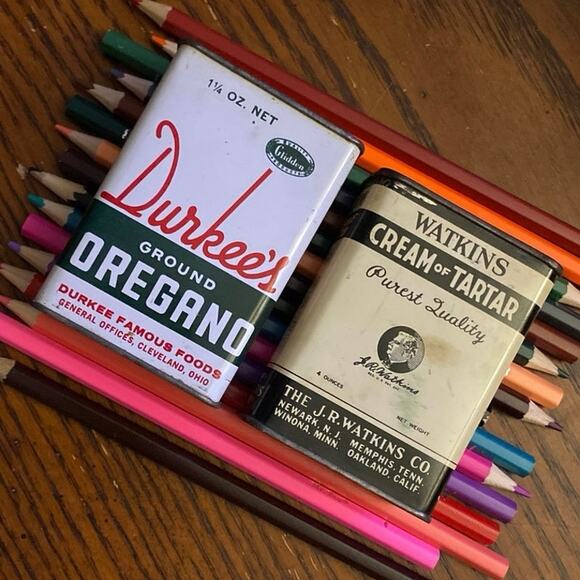 Vintage Spice Tins Lot of 2 Watkins Cream of Tartar Durkee’s Oregano FAIR USED - Picture 7 of 8